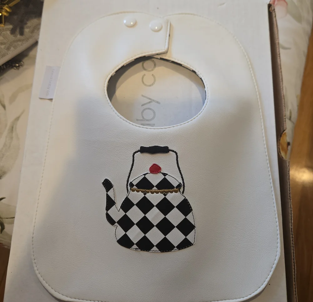 Leather  White Baby Bib with Black Harlequin Teapot Applique With Gift Box